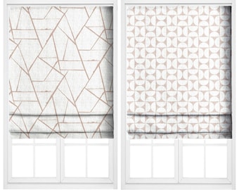 May include: Two window treatments are displayed. The left window treatment is labeled "CONCH SHELL" and features a white background with a geometric pattern in shades of brown. The right window treatment, labeled "ROSE PETAL", has a white and brown geometric pattern.