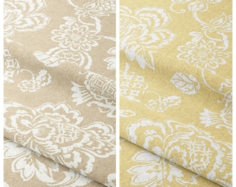 May include: Two fabric samples with floral patterns. The left sample is beige with white floral designs, labeled "SANGTI." The right sample is yellow with white floral designs, labeled "NIRVANA FROCK."