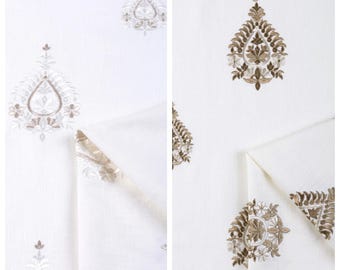 May include: Two fabric swatches with a white background and a brown paisley pattern. The swatches are labelled "LIBERTY" and "FRESH MENTHA".