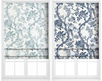 Toile/ Chinoiserie Floral/ Nature Bird Print Roman Shades. Custom Size Lined Window Blinds. Any Fold Style. Blackout Add-On. Blue/ Soft Teal