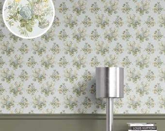 Floral Block Print Wallpaper. Removable Peel & Stick / Unpasted Options. Extra Wide Roll. Floral Patterned. Blue/ Green (Ocean Wave)