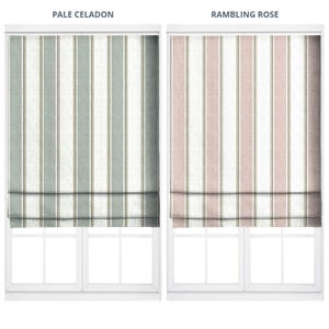 May include: Two window treatments with vertical stripes. The left window treatment is pale green, white, and tan. The right window treatment is pink, white, and tan. The text "PALE CELADON" and "RAMBLING ROSE" are above each window treatment.