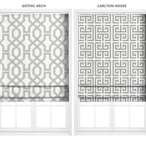 Gray Trellis/ Greek Key Print Roman Shades. Custom Size Window Blinds for Kitchen, Bedroom, Living, Bathroom, Nursery. Blackout Add-On.