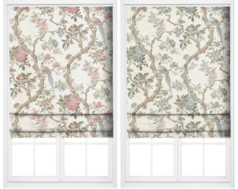 Chinoiserie Floral/ Nature/ Birds Print Roman Shades. Custom Size Lined Window Blinds. Blackout Add-On. Blush Pink/ Powder Blue/ Soft Green
