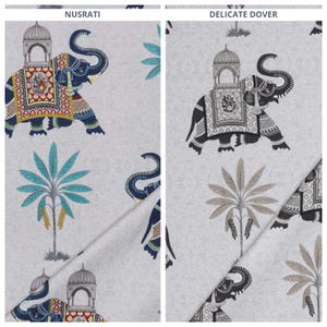 Tissu en coton à imprimé éléphant, animal par mètre pour rideaux, stores romains, stores, lambrequins et décoration d'intérieur (gris/bleu)