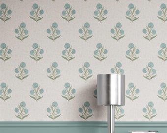 Floral Blockprint Wallpaper. Removable Peel & Stick / Unpasted Options. Extra Wide Roll. Floral Patterned. Blue/ Green/ Taupe (Brookfield)