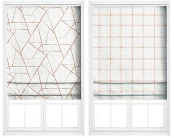 Blush Pink/ White Modern Minimalist Abstract Print/ Check Custom Size Lined Curtains & Drapes. Pinch Pleat Drapery Option. Blackout Add-On.