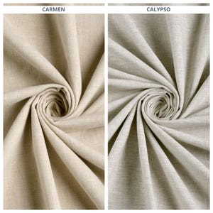 May include: Two fabric swatches, one labeled "CARMEN" and the other "CALYPSO", are shown in a close-up view. Both swatches are a light beige color with a subtle woven texture.
