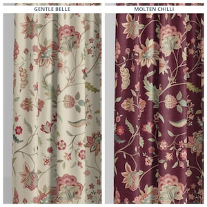 May include: Two floral patterned curtain panels. One panel is cream-colored with red, pink, and green floral designs. The other panel is a deep burgundy with similar floral patterns. The text "GENTLE BELLE" and "MOLTEN CHILLI" are at the top.