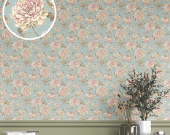 Chinoiserie/ English Floral Wallpaper. Extra Wide Roll. Patterned, Non-Woven, Unpasted Wallpaper. Blue/ Cream/ Beige/ Pink/ Green (Valoria)
