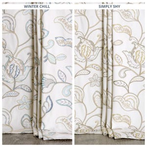 Floral Embroidery Curtains. Custom Window Drapes for Bedroom, Living, Kitchen, Nursery. Blackout Add-On. White/ Blue/ Beige/ Yellow/ Green