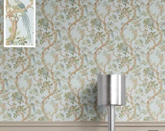 Chinoiserie Bird Print Wallpaper. Extra Wide Roll. Floral Patterned, Non-Woven, Unpasted Wallpaper. Duck Egg Blue/ Green/ Brown (Droplet)