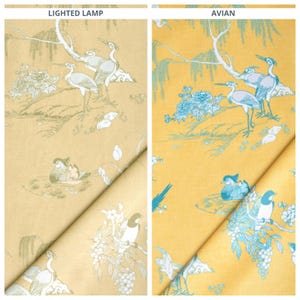Tissu velours toile imprimé oiseaux/nature par mètre pour rideaux, stores romains, stores, cantonnières et décoration d'intérieur (jaune)