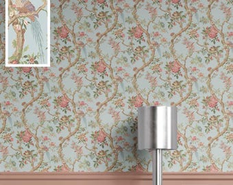 Chinoiserie Bird Print Wallpaper. Extra Wide Roll. Floral Patterned, Non-Woven, Unpasted Wallpaper. Blue/ Coral Pink/ Green (Abyss)