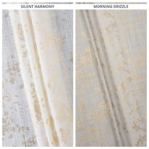 May include: Two fabric swatches with a white background and gold metallic accents. The fabric on the left is called "Silent Harmony" and the fabric on the right is called "Morning Drizzle".