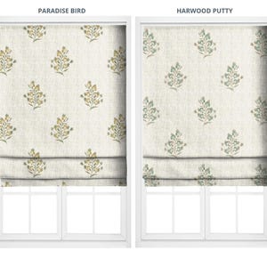 Floral Block Print Roman Shades. Fully Lined, Custom Sized Fabric Window Blinds. Long, Short or Wide. Blackout Add-On. Cream/ Yellow/ Green