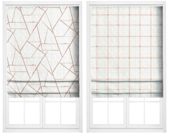 May include: Two window treatments are displayed. The left one, labeled "CONCH SHELL," features a geometric pattern in shades of beige and rose. The right one, labeled "BELLADONNA LILY," has a plaid design in similar colors. Both are Roman shades.