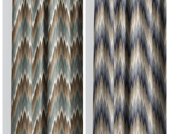 Ikat Chevron Custom Size Curtains. Lined Window Drapes. Pinch Pleat Drapery Option. Blackout Add-On. Brown/ Navy Blue/ Green-Gray