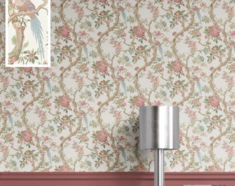 Chinoiserie Bird Print Wallpaper. Extra Wide Roll. Floral Patterned, Non-Woven, Unpasted Wallpaper. Pink/ Green/ Duck Egg Blue (Cobblestone)