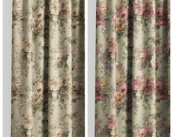 May include: Two floral patterned curtain panels. The left panel, labeled "COCONUT DREAM", features a beige and cream floral design on a light green background. The right panel, labeled "ALANDI", displays a pink and purple floral pattern.