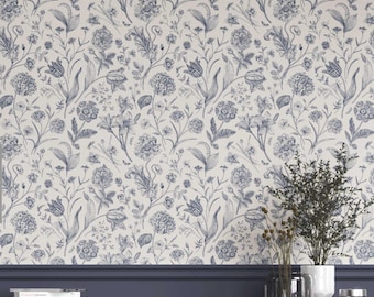 Navy Blue Floral Botanical Patterned Wallpaper. Removable Peel & Stick / Unpasted Options. Extra Wide Roll (Everglades)