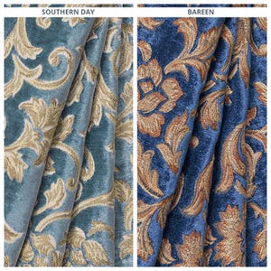 Tissu velours floral par mètre pour tissus d'ameublement, rideaux, stores romains, stores, lambrequins et décoration d'intérieur (bleu poudré/ bleu marine/ beige doré)