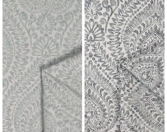 Textured Floral Pattern Curtains. Custom Window Drapes for Bedroom, Living, Kitchen, Kids Room. Blackout Add-On. Silver Grey/ Deep Blue