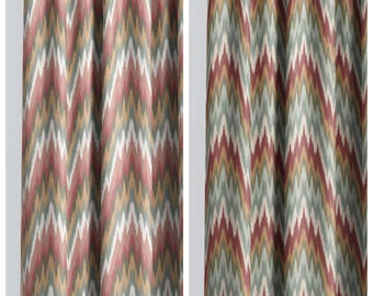 Ikat Chevron Custom Size Curtains. Lined Window Drapes. Pinch Pleat Drapery Option. Blackout Add-On. Pink/ Gray-Green/ Red/ Blue