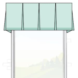 May include: A light mint green board mounted box pleat valance installed over a window. The text BOARD MOUNTED BOX PLEAT VALANCE is displayed in a dark gray bar at the top of the illustration, which shows a window with a landscape view.