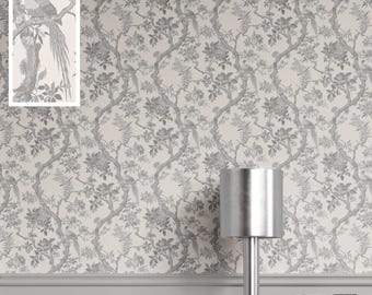Chinoiserie Bird Print Wallpaper. Extra Wide Roll. Floral Pattern, Neutral, Unwoven, Unpasted Wallpaper. Dove Gray/ Off-White (Wave Florals)