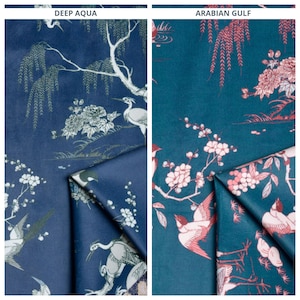 Tissu velours toile oiseaux/impression nature par mètre pour rideaux, stores romains, stores, cantonnières et décoration d'intérieur (bleu marine/sarcelle/rose)