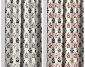 May include: Two curtain panels featuring an off-white base with a repeating damask-style pattern. The left panel, labeled ABYSS, has blue and gray motifs. The right panel, labeled BEAUTY SCHOOL, has red, green, and gold motifs.