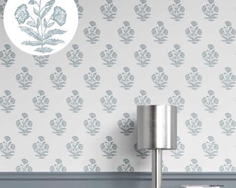 Floral Block Print Wallpaper. Removable Peel & Stick / Unpasted Options. Extra Wide Roll. Floral Patterned. Sage Blue/ White (Palm Grove)