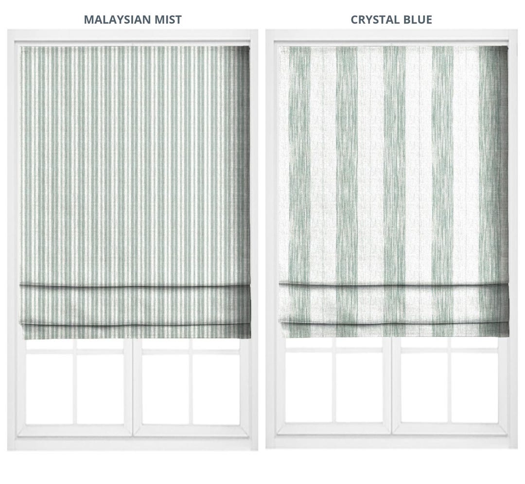 Aqua Blue Ticking Stripe/ Faded-effect Awning Stripe Roman Shades