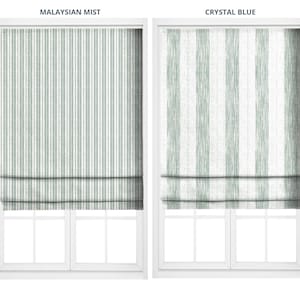 Aqua Blue Ticking Stripe/ Faded-Effect Awning Stripe Roman Shades. Custom Size Window Blinds for Kitchen, Bedroom, Living. Blackout Add-On.