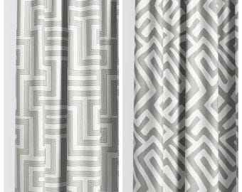 Dove Gray Greek Key Maze/ Geometric Custom Size Lined Curtains & Window Drapes. Pinch Pleat Drapery Option. Blackout Add-On for Bedrooms.