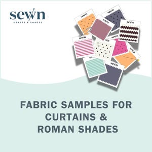May include: A collection of fabric swatches for curtains and roman shades, each labeled with the Sewn logo. The samples feature various colors and patterns, including stripes, polka dots, and solid textures, held together by a metal safety pin.