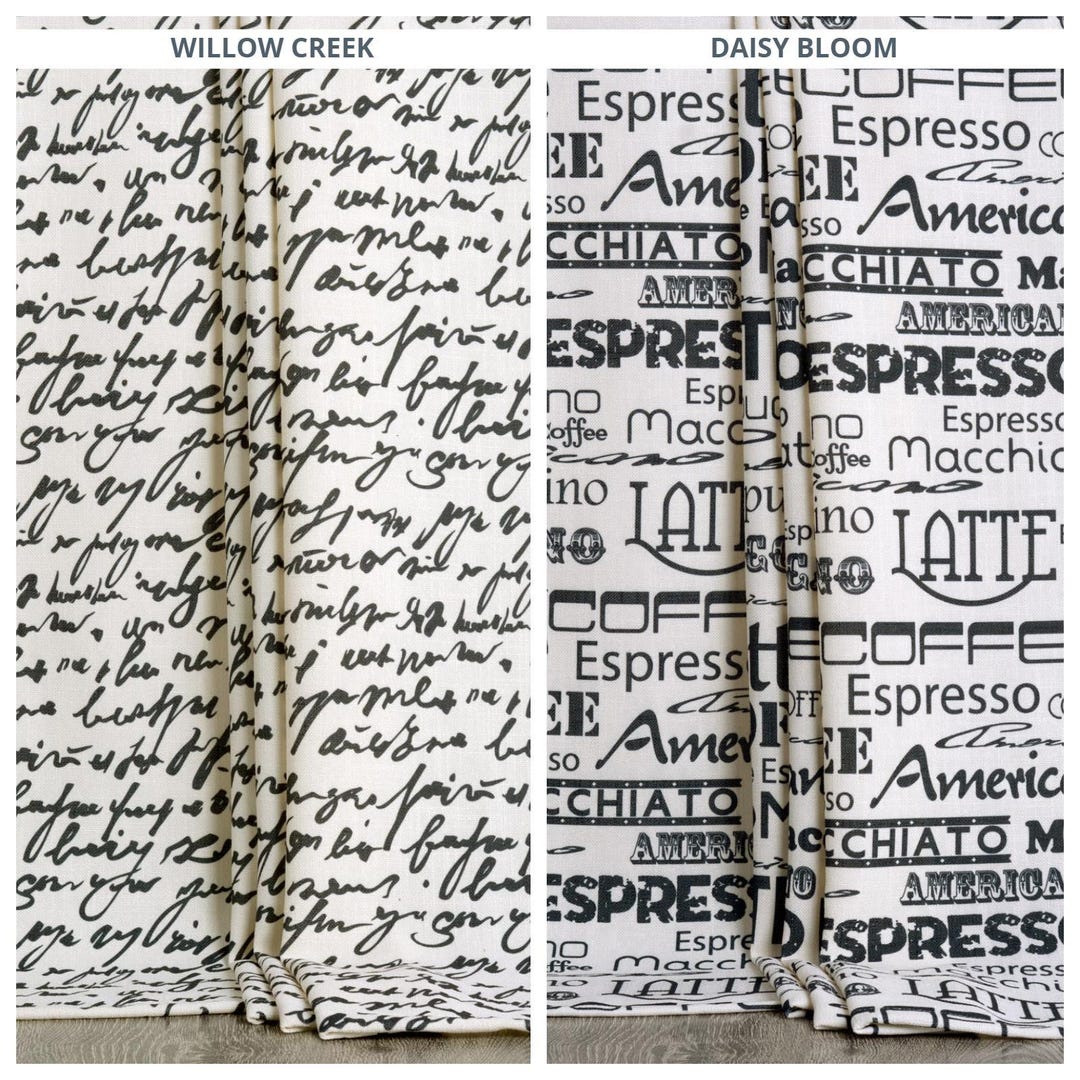 Black & White Cursive Script/ Kitchen Theme Curtains. Custom Size Lined ...