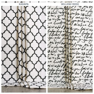 Pode incluir: Dois painéis de cortina. O painel esquerdo apresenta um padrão de trevo preto sobre um fundo creme, rotulado como "KADAPA". O painel direito tem escrita preta sobre um fundo creme, rotulado como "WILLOW CREEK".