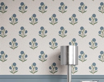 Floral Blockprint Wallpaper. Removable Peel & Stick / Unpasted Options. Extra Wide Roll. Blue/ Green/ Soft Taupe (Haayat)