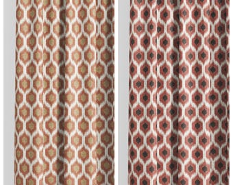 Ikat Honeycomb Print Curtains. Custom Size Window Drapes. Long or Short. Pinch Pleated or Casual. Blackout Add-On. Orange-Red/ Beige/ Black