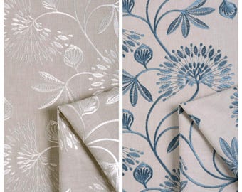 Floral Embroidered Curtains. Custom Window Drapes for Bedroom, Living, Study, Bathroom, Office, Nursery. Blackout Add-On. Beige/ White/ Blue