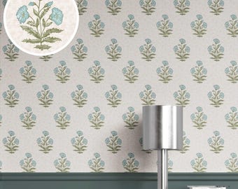 Floral Block Print Wallpaper. Removable Peel & Stick / Unpasted Options. Extra Wide Roll. Floral Patterned. Blue/ Green (Chiffon Dust)
