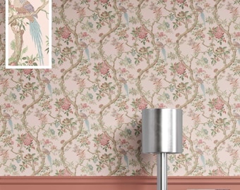 Chinoiserie Bird Print Wallpaper. Extra Wide Roll. Floral Patterned, Non-Woven, Unpasted Wallpaper. Soft Pink/ Green/ Blue (Sculpting Hush)