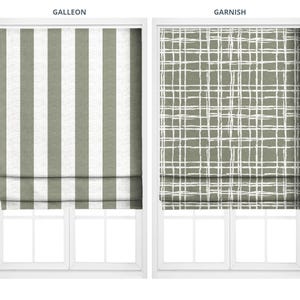Sage Green Awning Stripe/ Abstract Checkered Roman Shades. Custom Size Window Blinds for Kitchen, Bedroom, Living, Bath. Blackout Add-On.