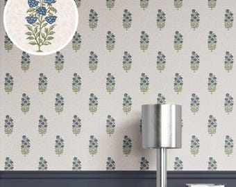 Floral Block Print Wallpaper. Removable Peel & Stick / Unpasted Options. Extra Wide Roll. Navy Blue/ Green (Cloud Castle)
