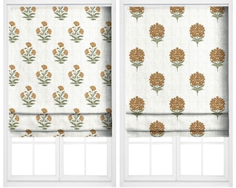 Floral Block Print Motif Roman Shades & Window Blinds. Custom Size - Long or Short. Relaxed or Flat Fold. Blackout Add-On. Off-White/ Orange