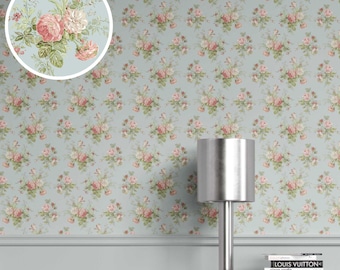 Floral Block Print Wallpaper. Extra Wide Roll. Floral Patterned, Non-Woven, Unpasted Country Wallpaper. Blue/ Pink/ Green (Minerva)