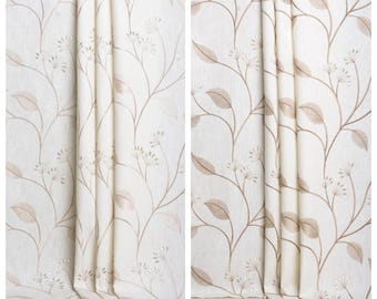 Floral Embroidery Poly-Linen Curtains & Custom Window Drapes for Bedroom, Living, Kitchen, Nursery, Kids Room. White/ Cream/ Beige-Brown