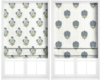 Block Print Floral Roman Shades & Fabric Blinds. Custom Size - Long or Short. Relaxed or Flat Fold. Blackout Add-On. Off-White/ Navy Blue